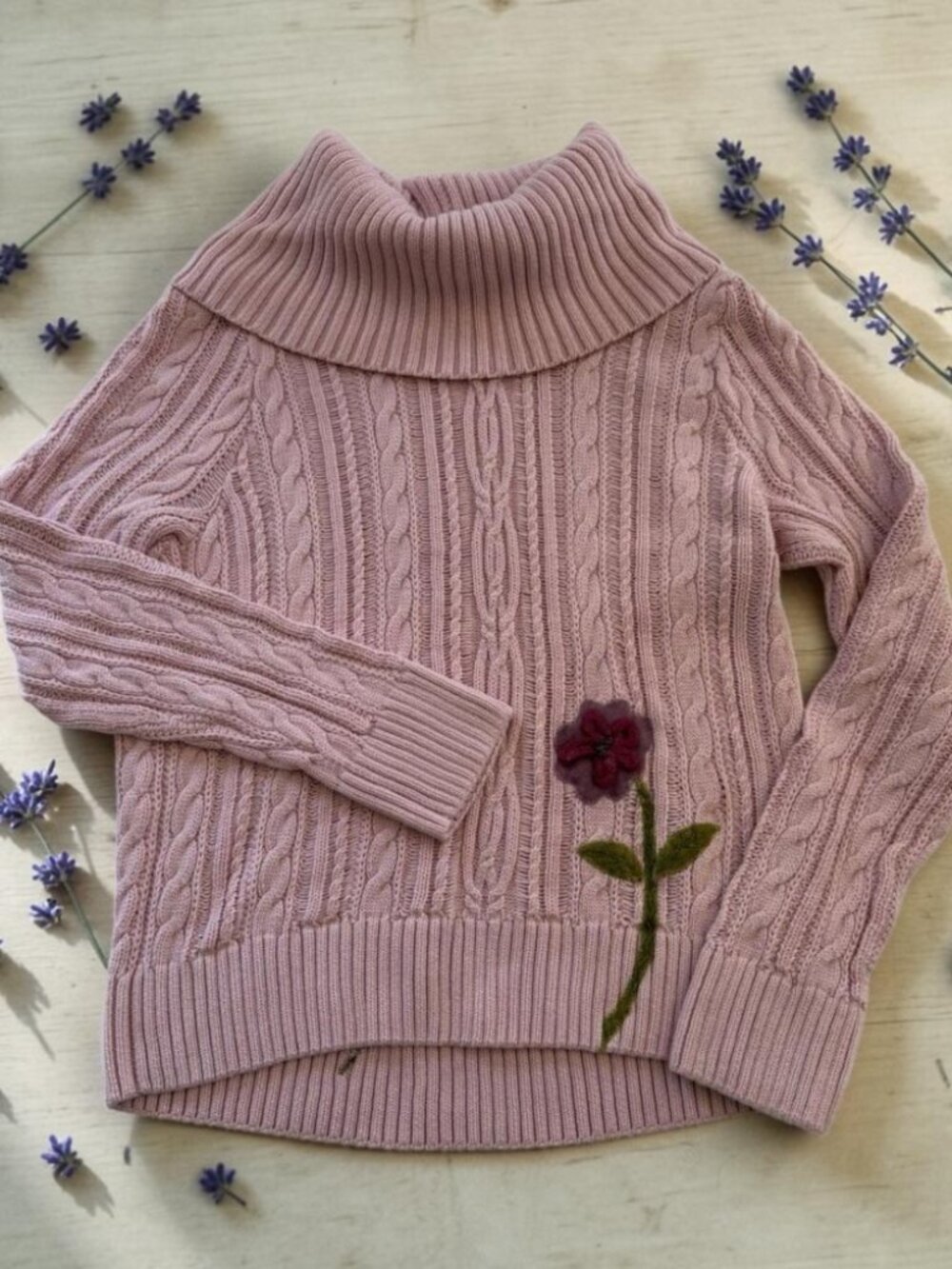 Vtg Jeanne Pierre‎ Pink Cable Knit Floral Cowl Neck Cotton Sweater Womens L